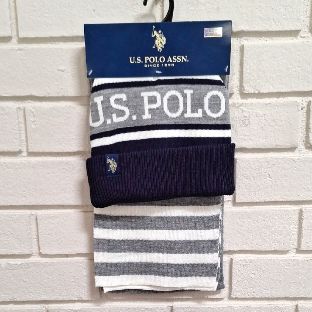 U.S. Polo Assn. Navy and Gray Striped Beanie and Scarf Set